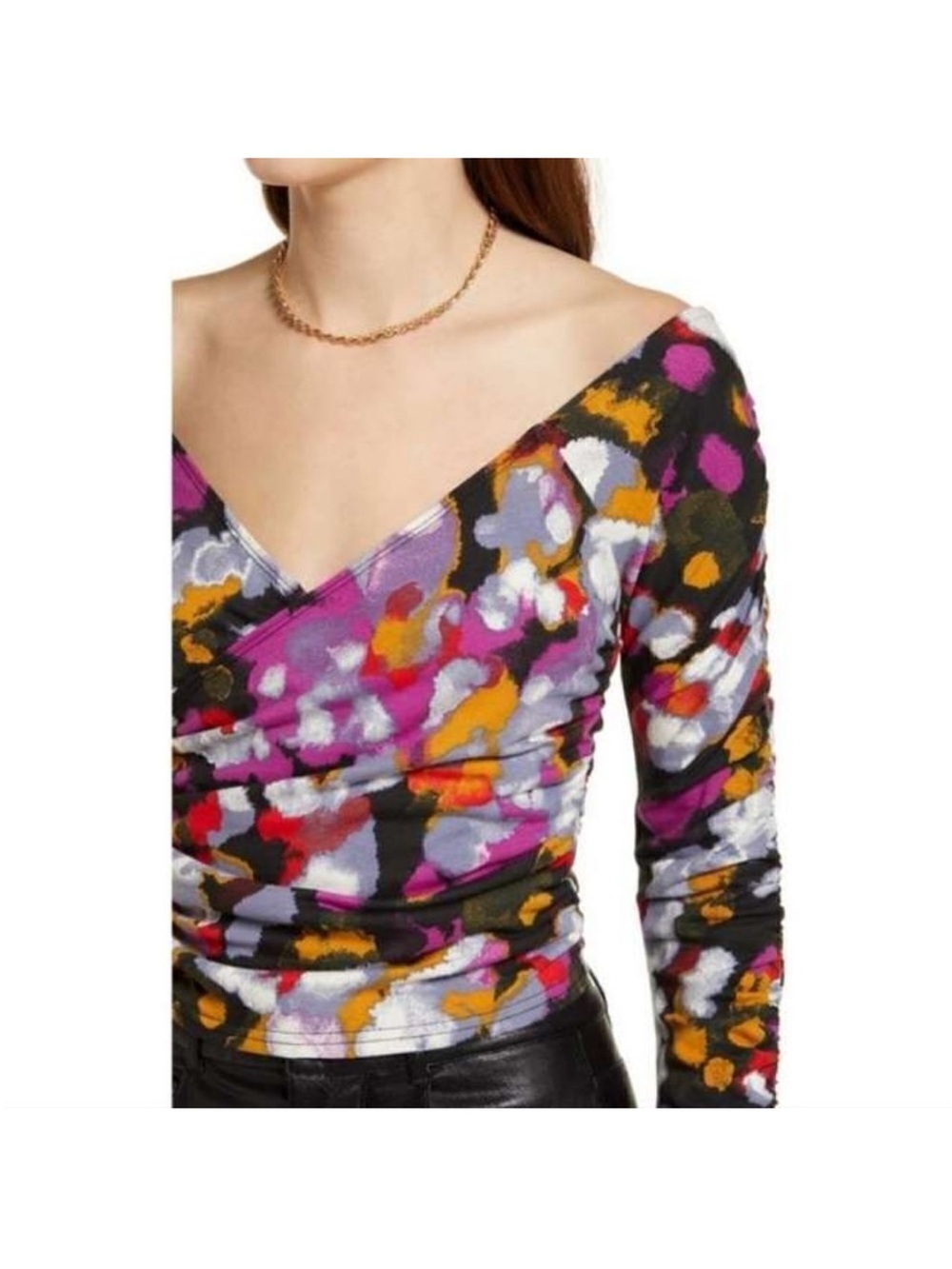 Off-Shoulder Ruched Floral Knit Top - Multicolor - Picture 3 of 4